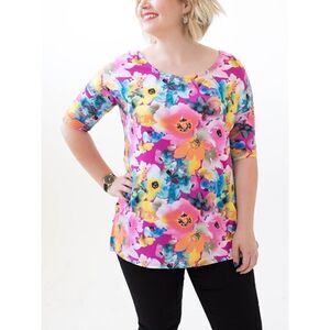Agnes & Dora Hi Lo Tee Whimsical Top  Floral Pink Purple Blue Yellow Size S